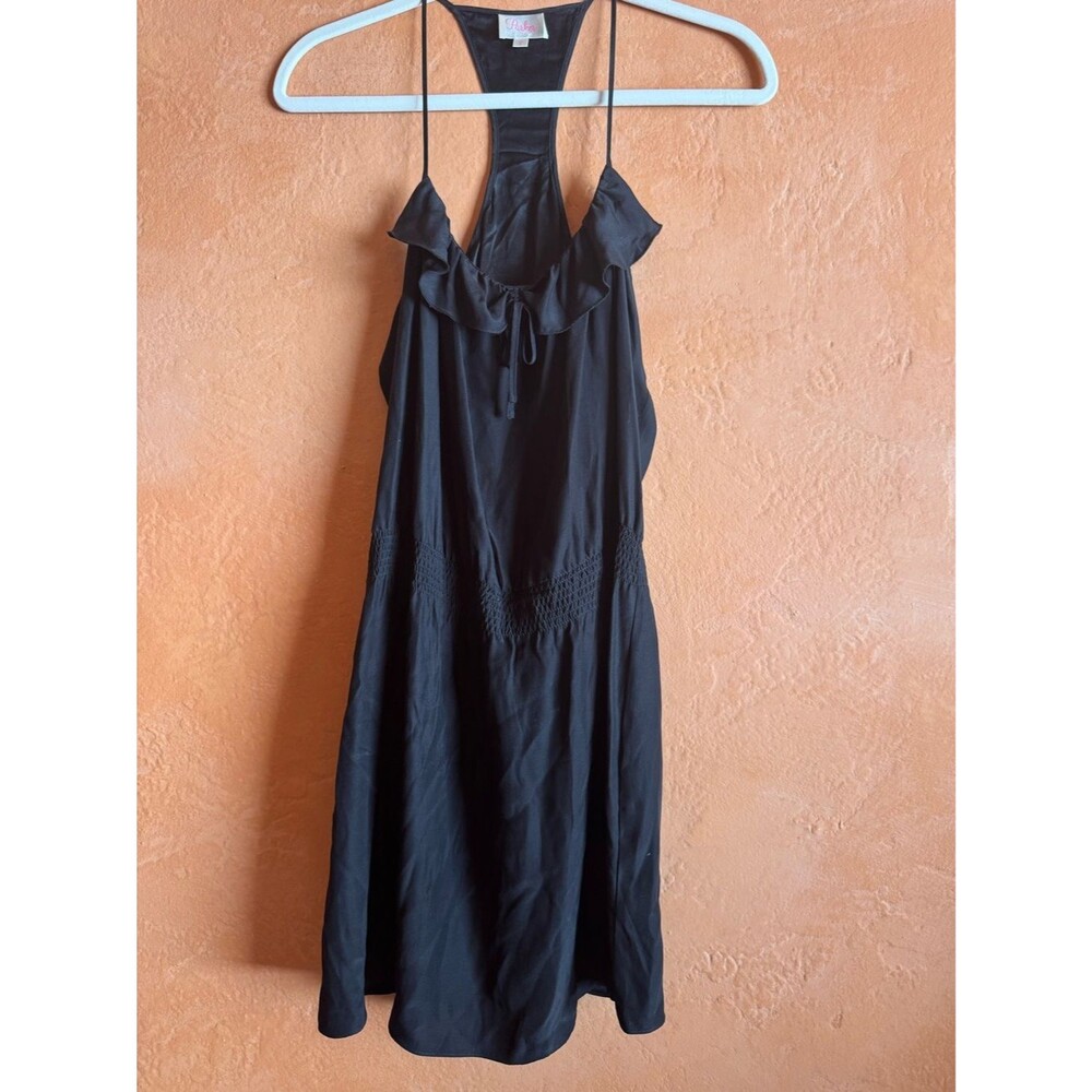 Parker 100% Silk Black Racerback Ruffle Mini Dress Size S